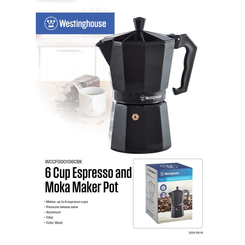 Westinghouse cafetera espresso moka pot.6 tazas color negro - WCCF000106CBK