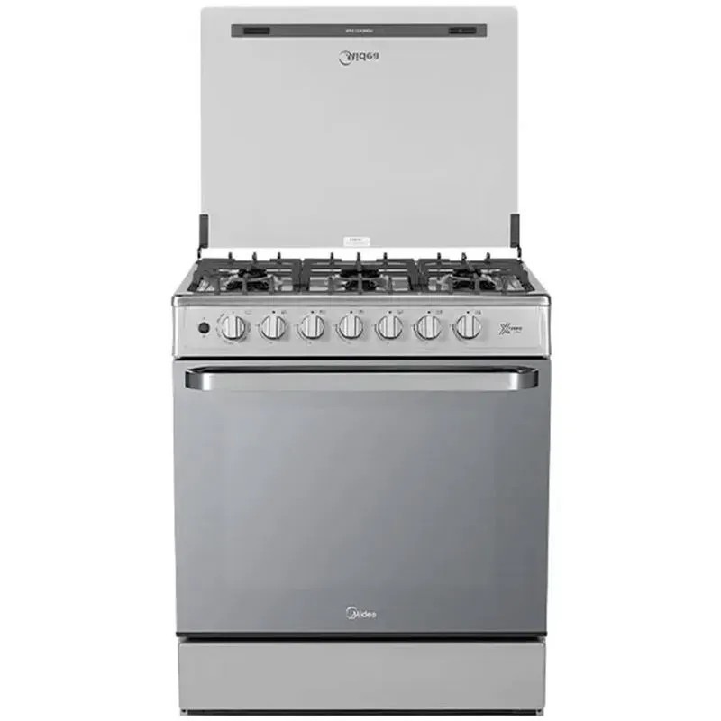 Midea Cocina a gas 30 pulgadas silver 6 quemadores capelo hierro fundido MGS30FS1BEABG