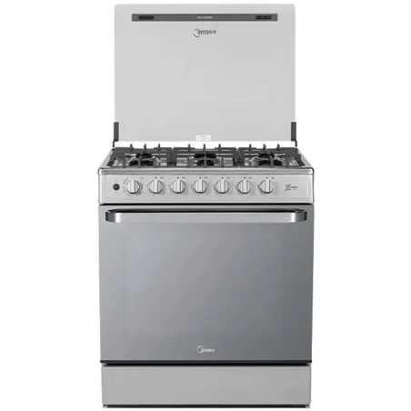 Midea Cocina a gas 30 pulgadas silver 6 quemadores capelo hierro fundido MGS30FS1BEABG