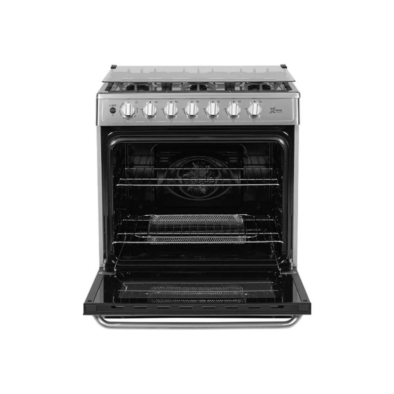 Midea Cocina a gas 30 pulgadas negra 6 quemadores capelo air fryer parrillas de hierro fundido MGS30FS1LEAMSS