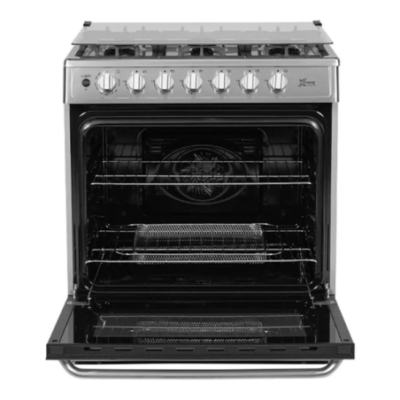 Midea Cocina a gas 30 pulgadas negra 6 quemadores capelo air fryer parrillas de hierro fundido MGS30FS1LEAMSS